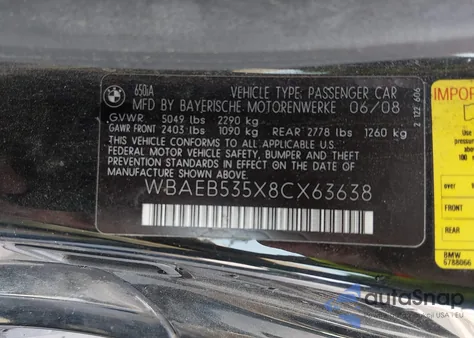 2008 BMW 650I z USA, uszkodzony, nr VIN WBAEB535X8CX63638